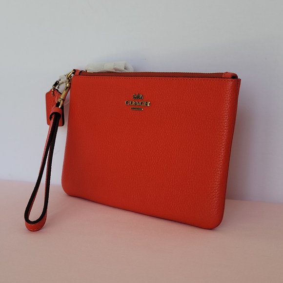 COACH Small Wristlet in Polished Pebbled Leather -Red Orange - Picture 5 of 16